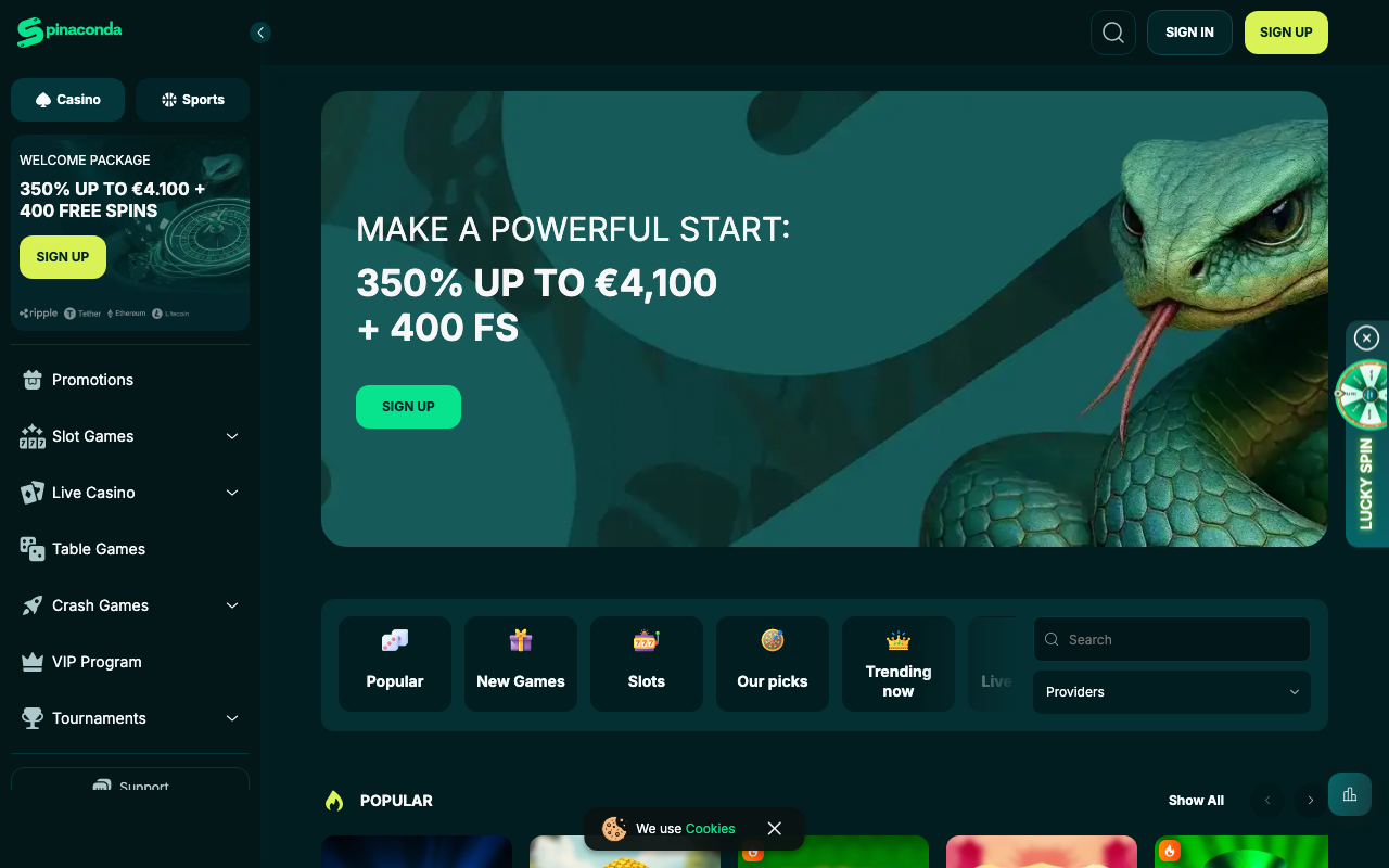 Spinaconda Casino – nytt casino skjermbilde