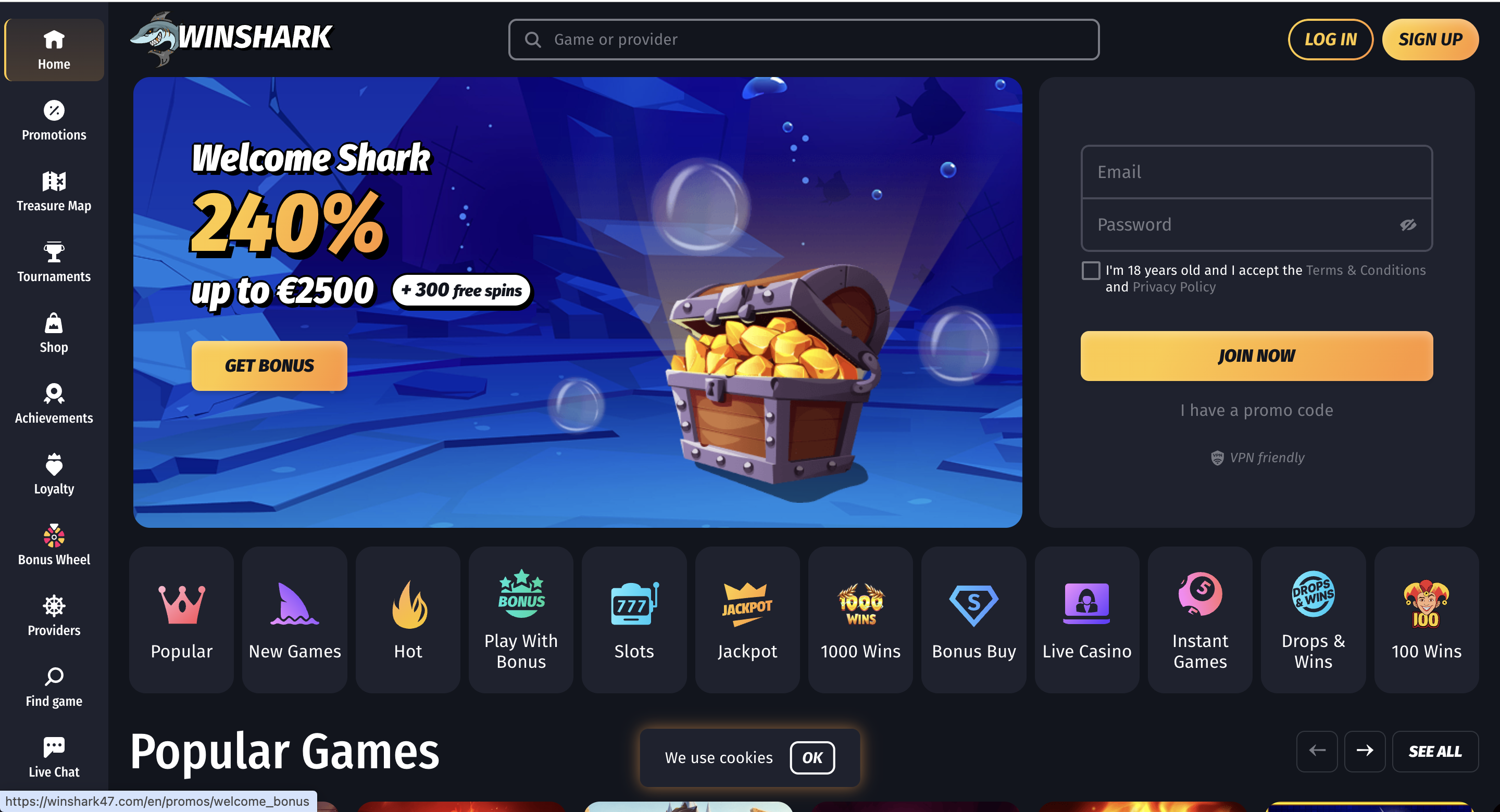 Winshark Casino – nytt casino skjermbilde